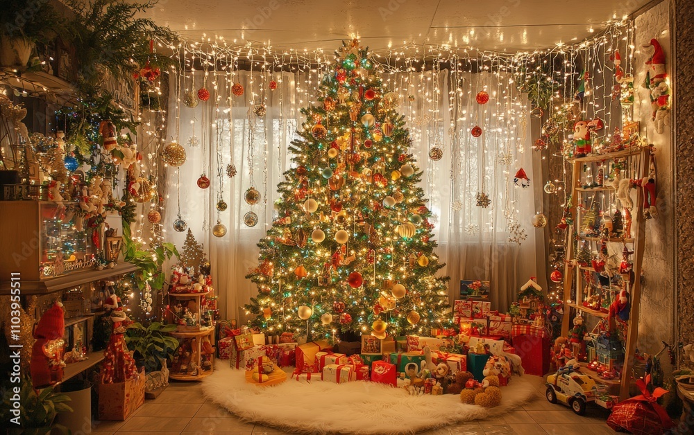 modern cozy room christmass tree with decorations toys and lights modern cozy room christmass tree with decorations toys and lights