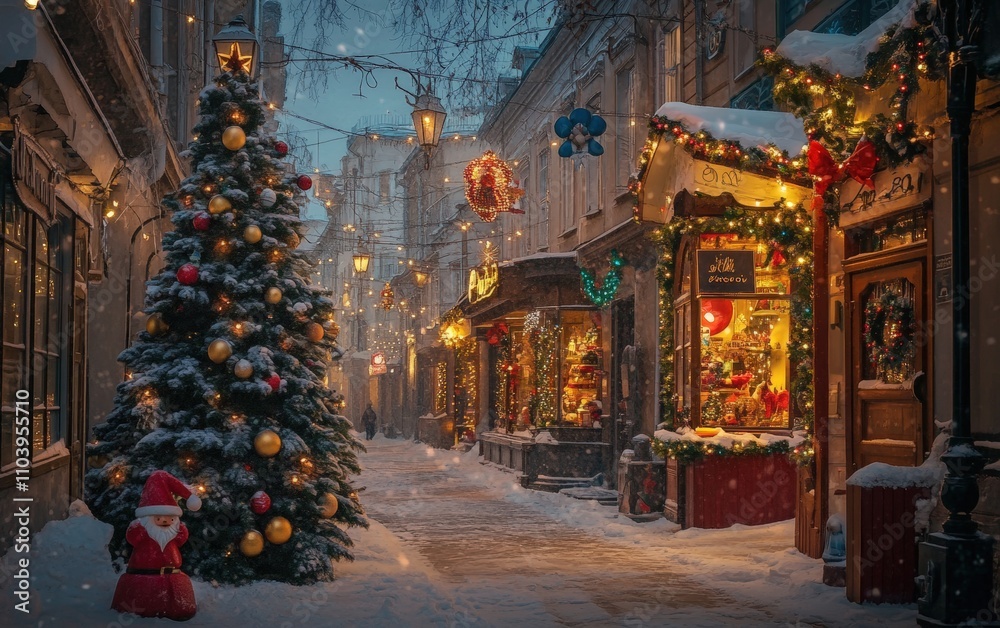 Fototapeta premium modern cozy street christmass tree with decorations toys and lights