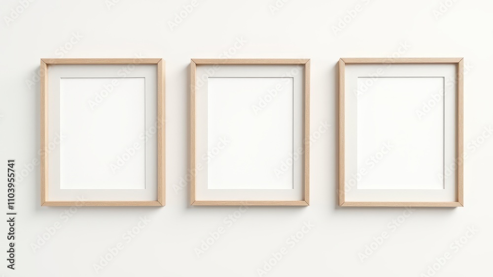 Family gallery walls. Three blank wooden frames are hung evenly on a white wall, creating a minimalist and balanced visual display.