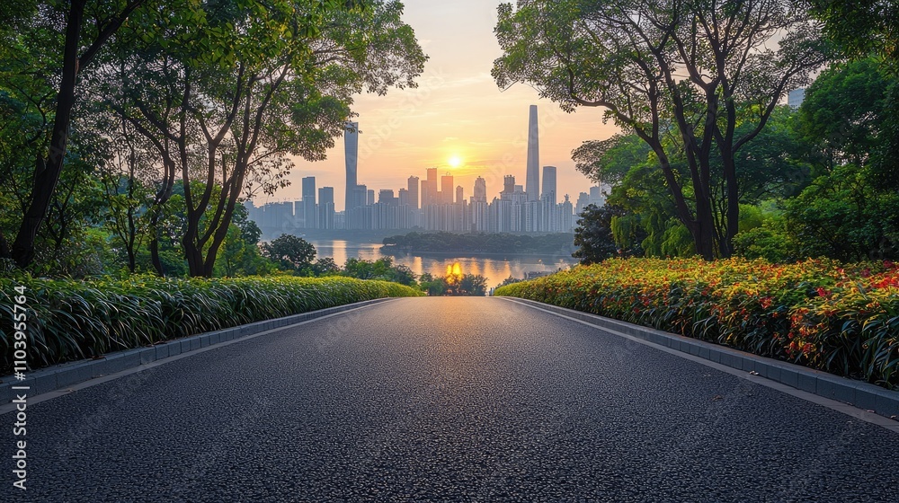 Straight asphalt road and modern city skyline with buildings Straight asphalt road and modern city skyline with buildings