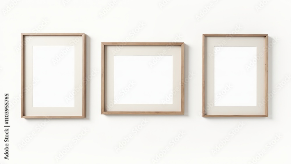 Family gallery walls. Three blank wooden frames are hung evenly on a white wall, creating a minimalist and balanced visual display. Family gallery walls. Three blank wooden frames are hung evenly on a white wall, creating a minimalist and balanced visual display.