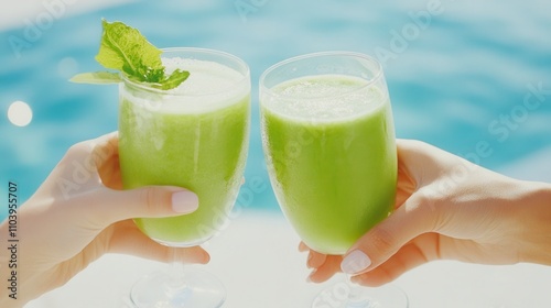 Women clinking glasses of fresh green juice in sunlight by a poolside