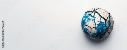 A cracked globe symbolizes environmental distress, highlighting issues like climate change and ecological degradation on a minimalist background.