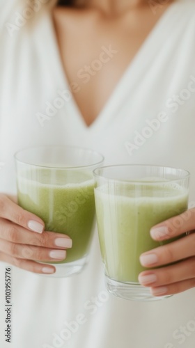 Cheers to health with green juice clinking between two women in bright sunlight