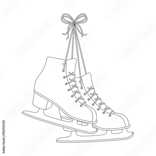 Pair Of Figure Skates Hanging On Laces Outline Black And White Hand Drawn Picture Isolated On White. Vintage Style, Vector illustration