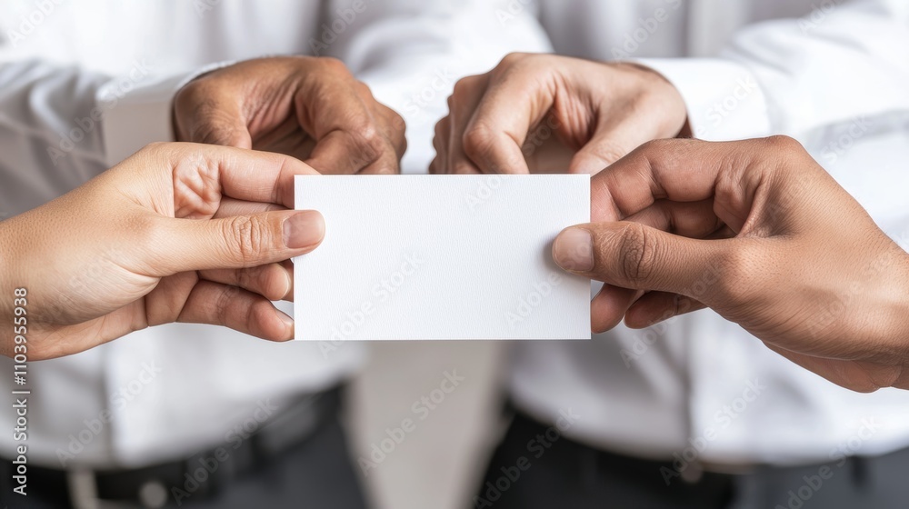 Hands holding a white card business team people sign 