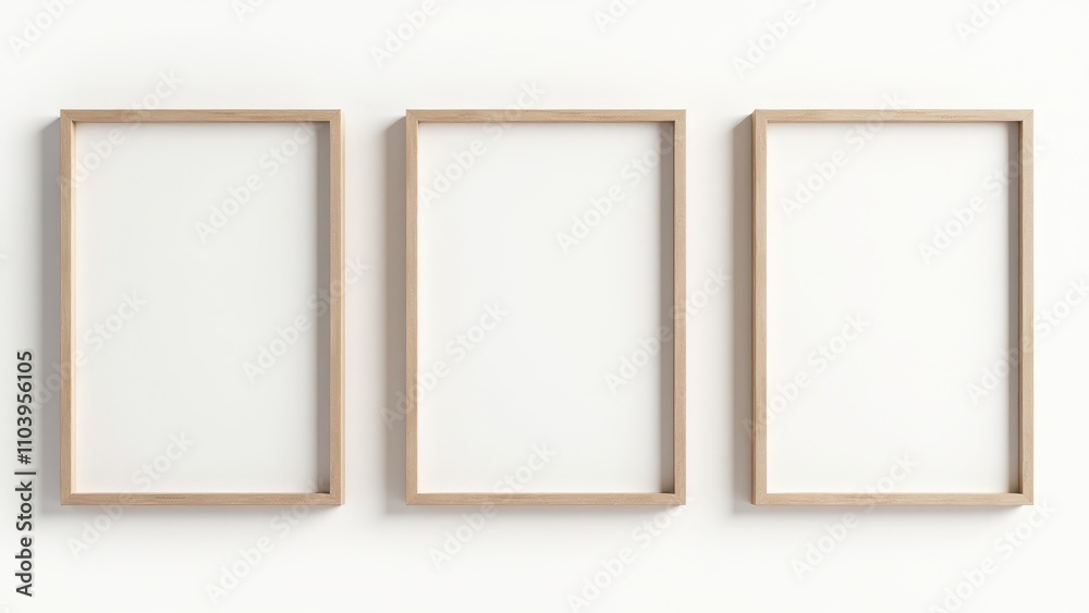 Family gallery walls. Three blank wooden frames are hung evenly on a white wall, creating a minimalist and balanced visual display. Family gallery walls. Three blank wooden frames are hung evenly on a white wall, creating a minimalist and balanced visual display.