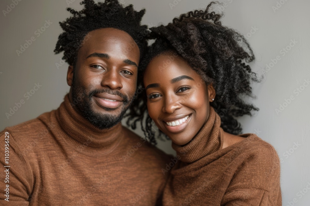 Portrait of a cheerful afro-american couple in their 30s wearing a classic turtleneck sweater in bare monochromatic room Portrait of a cheerful afro-american couple in their 30s wearing a classic turtleneck sweater in bare monochromatic room
