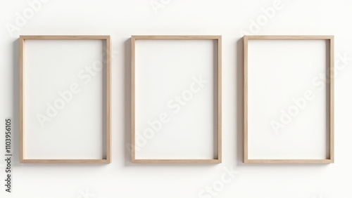 Family gallery walls. Three blank wooden frames are hung evenly on a white wall, creating a minimalist and balanced visual display.