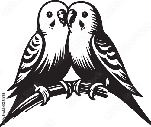 Engraved Illustration of Two Budgies Perched Together. A stylized, black and white, line art illustration of two budgies perched close together on a branch.