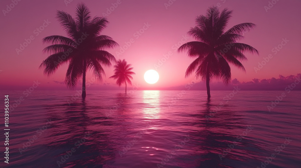 serene sunset view with palm trees silhouetted against vibrant pink sky, reflecting on calm ocean waters. tranquil scene evokes sense of peace and relaxation serene sunset view with palm trees silhouetted against vibrant pink sky, reflecting on calm ocean waters. tranquil scene evokes sense of peace and relaxation