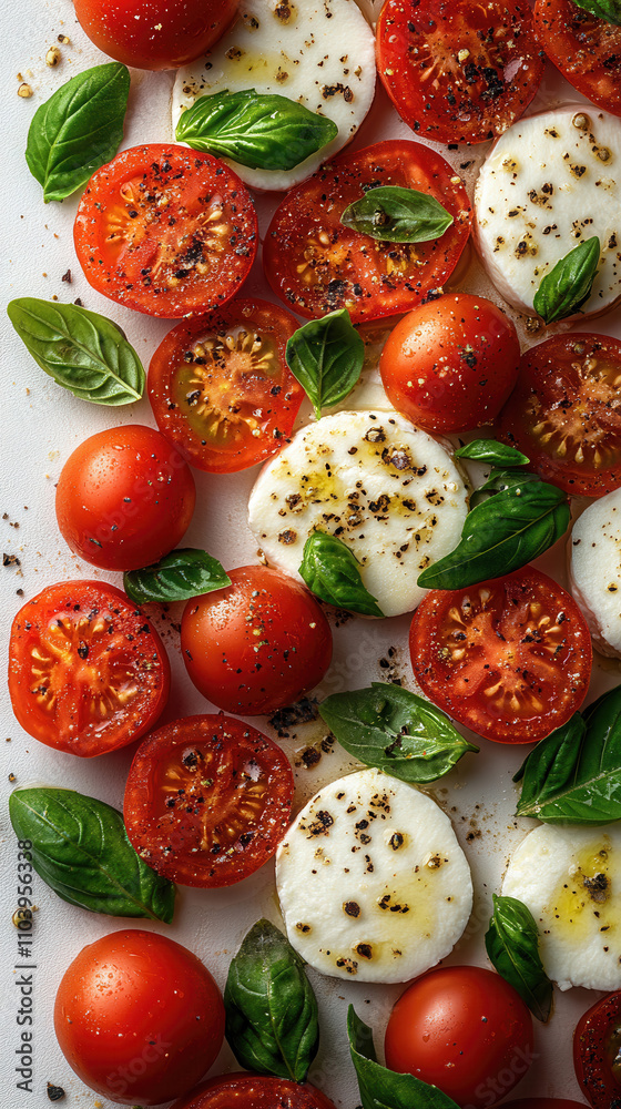 Fresh tomatoes, basil, and mozzarella arranged beautifully on a light backdrop for a vibrant culinary delight Fresh tomatoes, basil, and mozzarella arranged beautifully on a light backdrop for a vibrant culinary delight