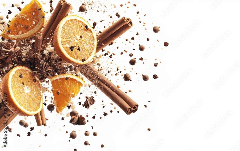 Cinnamon sticks, nutmeg, cloves, and crushed dried orange peels spinning dynamically, creating a warm holiday composition on a white background Cinnamon sticks, nutmeg, cloves, and crushed dried orange peels spinning dynamically, creating a warm holiday composition on a white background