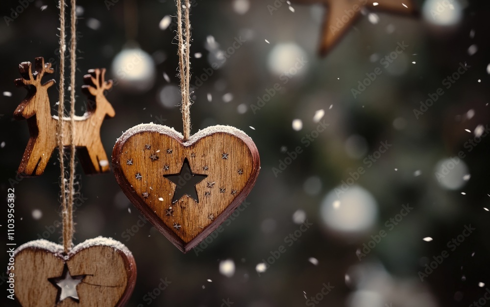 Rustic wooden stars, reindeer, and heart-shaped ornaments, spinning and falling naturally, surrounded by hints of snowflakes and festive sparkles Rustic wooden stars, reindeer, and heart-shaped ornaments, spinning and falling naturally, surrounded by hints of snowflakes and festive sparkles