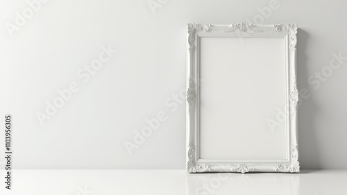 Family gallery walls. A white ornate picture frame stands on a blank wall and smooth surface, symbolizing elegance and awaiting creative potential. photo