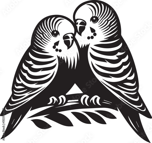 Engraved Illustration of Two Budgies Perched Together. A stylized, black and white, line art illustration of two budgies perched close together on a branch.