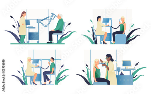 Set of Modern Flat Medical Insurance Illustrations. Kinds of Spirometry in Medical Office.