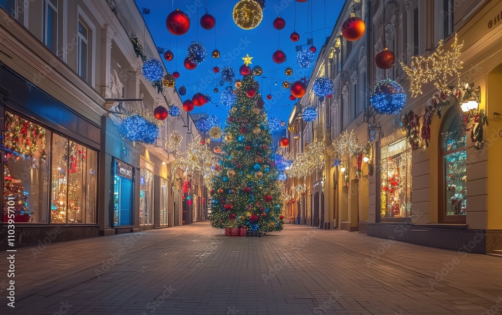 Fototapeta premium modern cozy street christmass tree with decorations toys and lights 