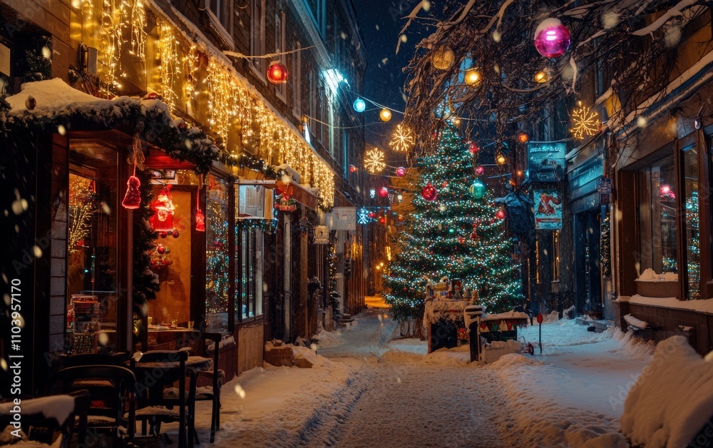 modern cozy street christmass tree with decorations toys and lights modern cozy street christmass tree with decorations toys and lights