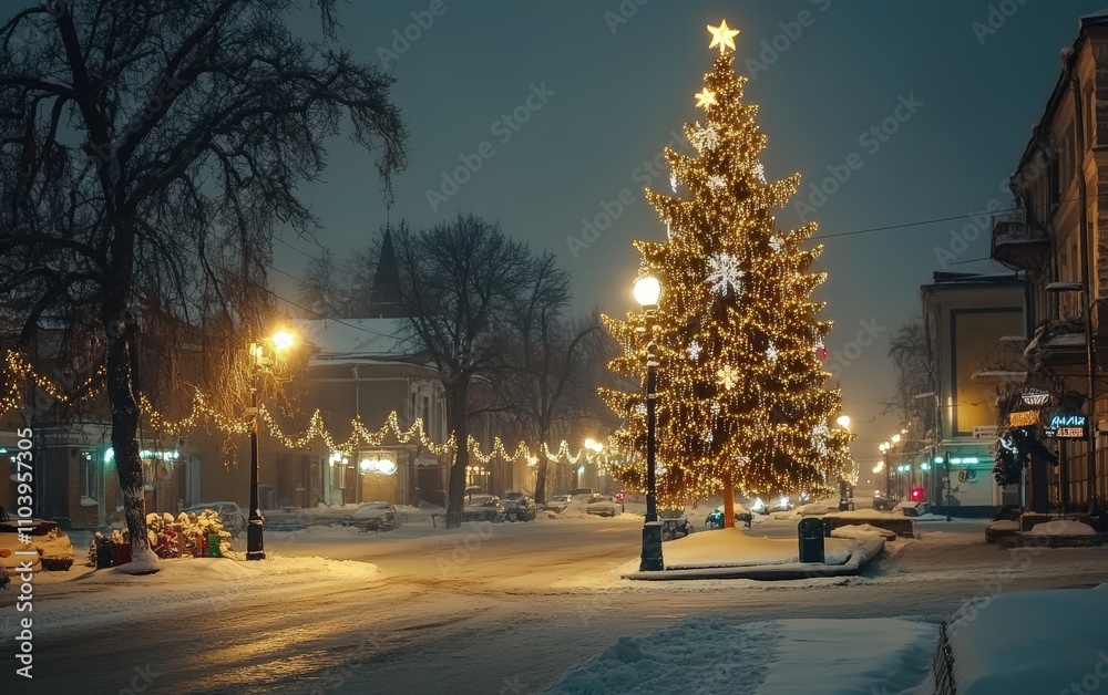 Fototapeta premium modern cozy street christmass tree with decorations toys and lights professional photo 