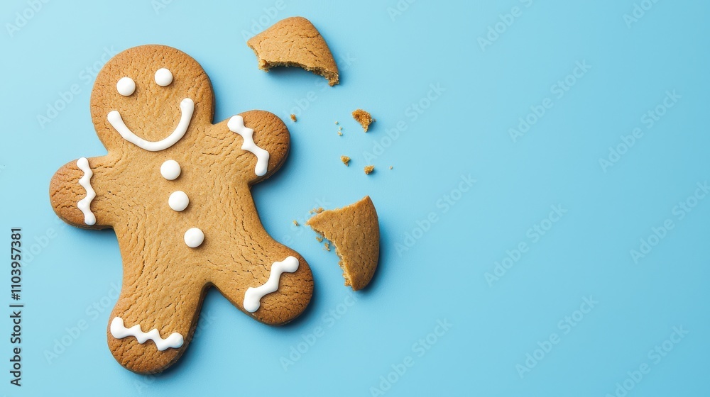 Cute Gingerbread Man Cookie with Broken Piece on Blue Background Cute Gingerbread Man Cookie with Broken Piece on Blue Background
