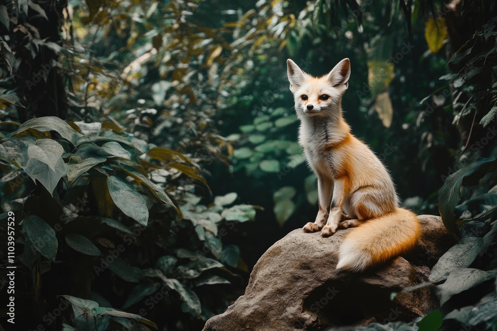 Obraz premium A Fennec Fox Sits Calmly Among Lush Green Foliage