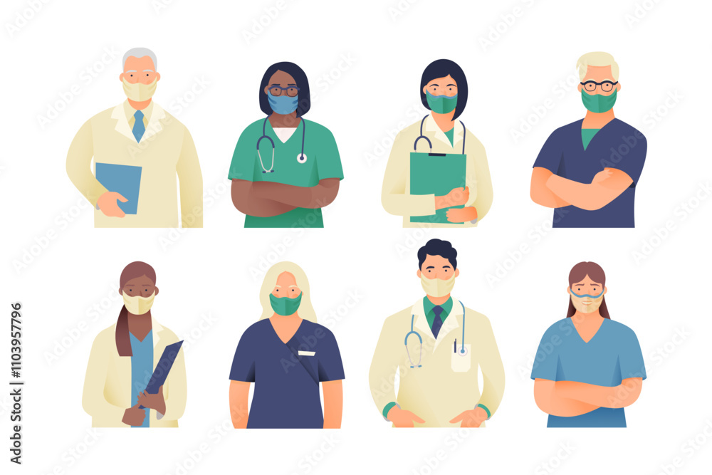 Medical Insurance. Best Doctors. Modern Flat Vector Concept Illustration. Medical Specialists in Masks. Doctors and Nurses Portraits, Team of Doctors. Medical Insurance. Best Doctors. Modern Flat Vector Concept Illustration. Medical Specialists in Masks. Doctors and Nurses Portraits, Team of Doctors.