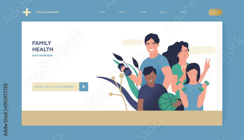 Family Health and Wellness. Modern Flat Vector Illustration. Happy Family of Parents and Children with Sport Equipment on Abstract Background. Insurance Landing Page Design Template. Website Banner.