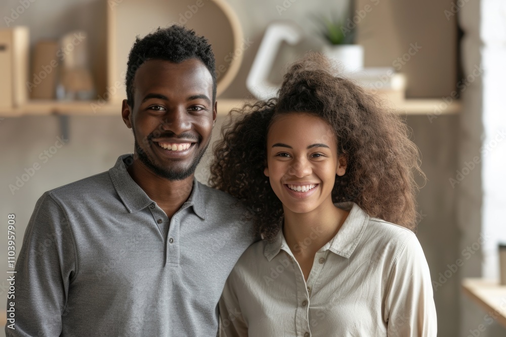Portrait of a smiling multiethnic couple in their 20s wearing a sporty polo shirt on stylized simple home office background Portrait of a smiling multiethnic couple in their 20s wearing a sporty polo shirt on stylized simple home office background