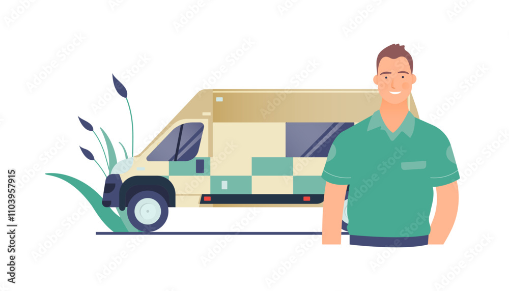 Driver Standing near Ambulance Transport. Emergency Evacuation. Modern Flat Vector Concept Illustration. Driver Standing near Ambulance Transport. Emergency Evacuation. Modern Flat Vector Concept Illustration.