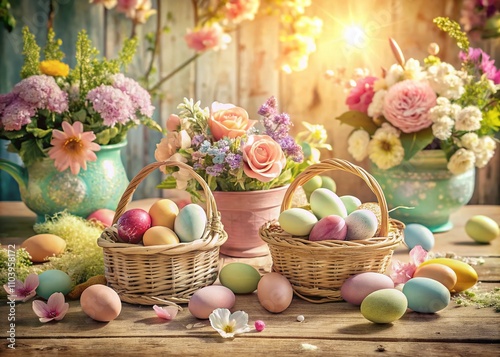 Vintage Style Easter Celebration with Pastel Colors and Decorative Eggs, Featuring Soft Focus, Rustic Baskets, and Whimsical Floral Arrangements for a Joyful Spring Atmosphere