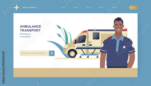 Driver Standing near Ambulance Transport. Emergency Evacuation. Modern Flat Vector Concept Illustration. Insurance Landing Page Design Template. Website Banner.
