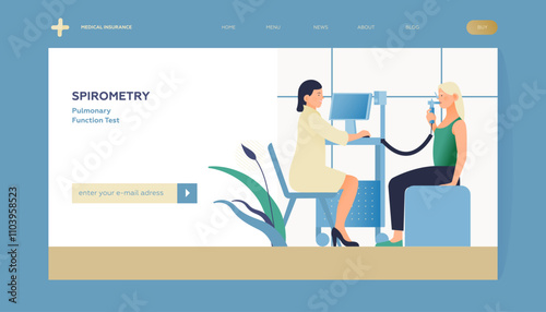 Spirometry. Pulmonary Function Test. Modern Flat Vector Illustration. Medical Specialist with Patient Doing Spirometry in Laboratory Office. Insurance Landing Page Design Template. Website Banner.