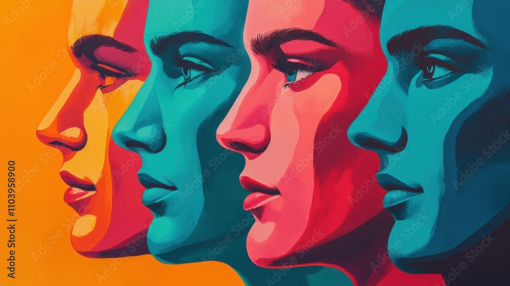Colorful profile illustration of diverse faces Colorful profile illustration of diverse faces