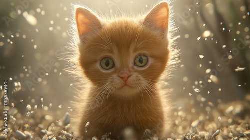 cute orange kitten with big eyes in a sunlit setting.
