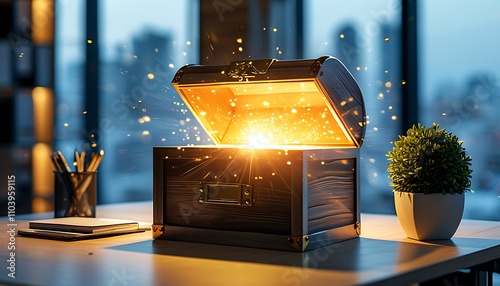 treasure chest glowing with light in modern office setting