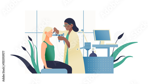 Doctor Performing Body Plethysmography on Patient in Medical Office or Laboratory. Respiratory Diseases. Modern Flat Vector Illustration. Lung Function Test on Patient.