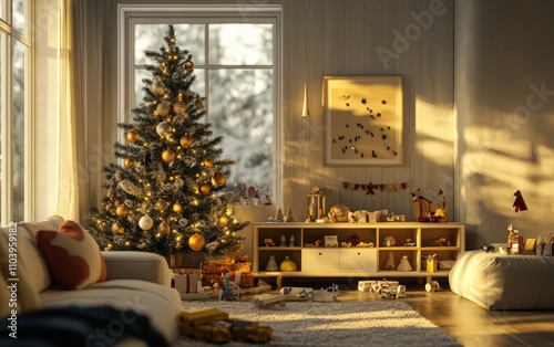 modern cozy room with panorama vindow christmass tree with decorations toys and lights  photo