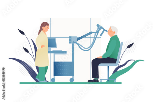 Doctor Standing near Pulmonary Testing System. Plethysmography on Senior Patient in Medical Office or Laboratory. Respiratory Diseases. Modern Flat Vector Illustration. Lung Function Test on Patient.