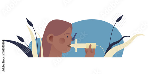 Young Female Doing Pulmonary Function Test on Abstract Background. Modern Flat Vector Illustration. Lung Function Test on Patient.