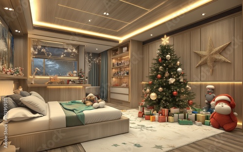 modern cozy room with panorama vindow christmass tree with decorations toys and lights  photo