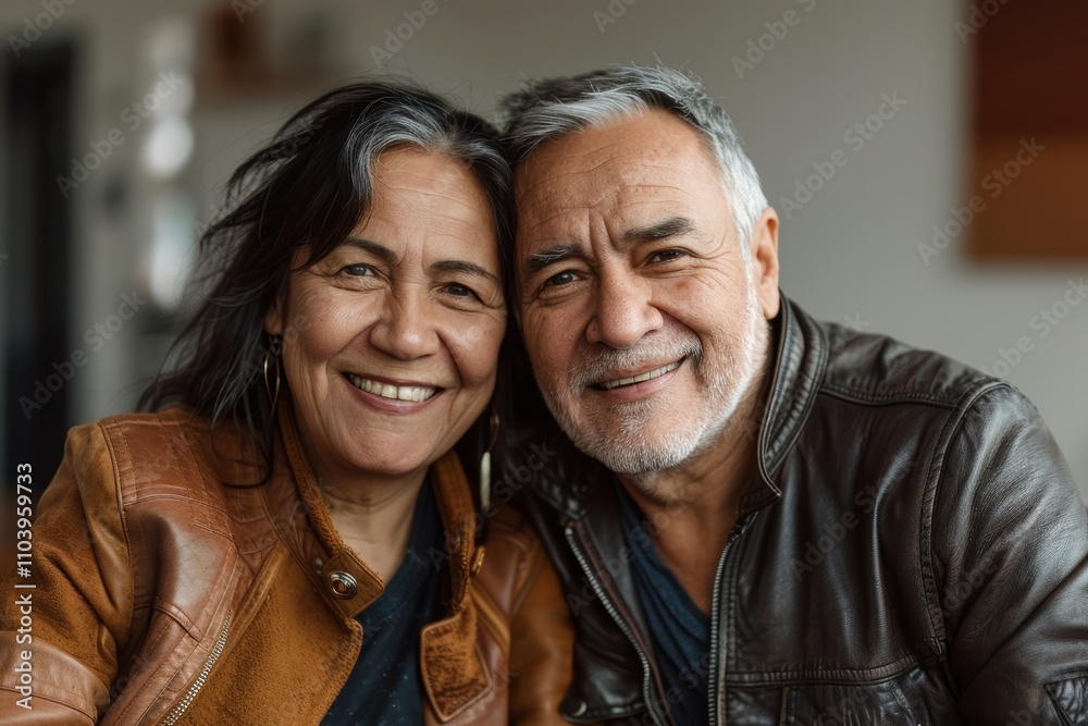 Portrait of a grinning multicultural couple in their 60s wearing a trendy bomber jacket in front of stylized simple home office background Portrait of a grinning multicultural couple in their 60s wearing a trendy bomber jacket in front of stylized simple home office background