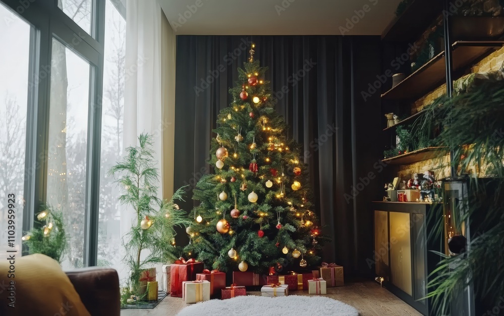 modern cozy room with panorama vindow christmass tree with decorations toys and lights modern cozy room with panorama vindow christmass tree with decorations toys and lights