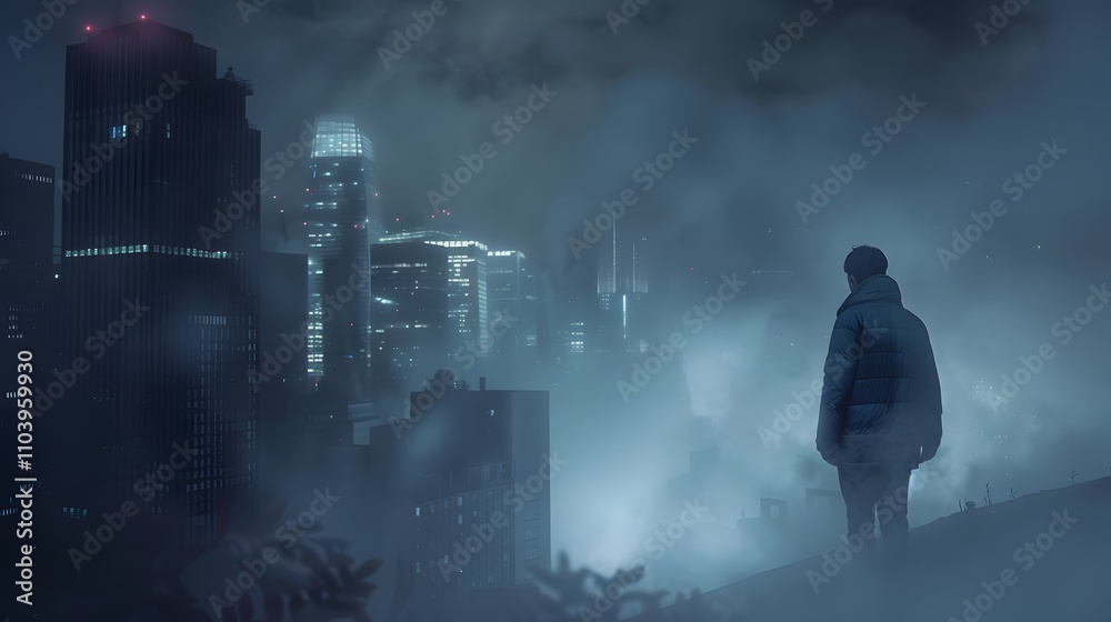 A Solitary Figure Observes A Foggy Cityscape At Night A Solitary Figure Observes A Foggy Cityscape At Night