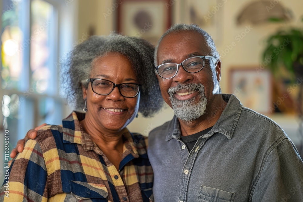Portrait of a content afro-american couple in their 60s dressed in a relaxed flannel shirt over stylized simple home office background Portrait of a content afro-american couple in their 60s dressed in a relaxed flannel shirt over stylized simple home office background