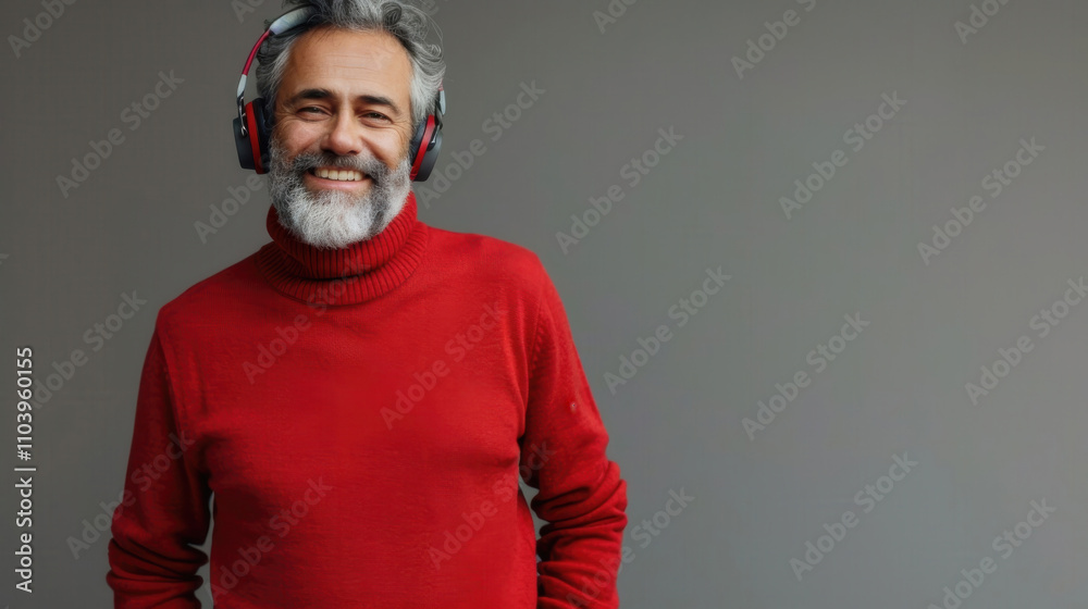 Fototapeta premium Mature man in red sweater enjoying music with headphones in a modern space