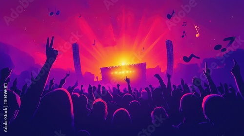 Vibrant Vector Illustration of Music Tour Anticipation: Concert Stage Silhouette at Sunset with Electric Purple Colors and Minimalist Design. Commercial-Ready Style.