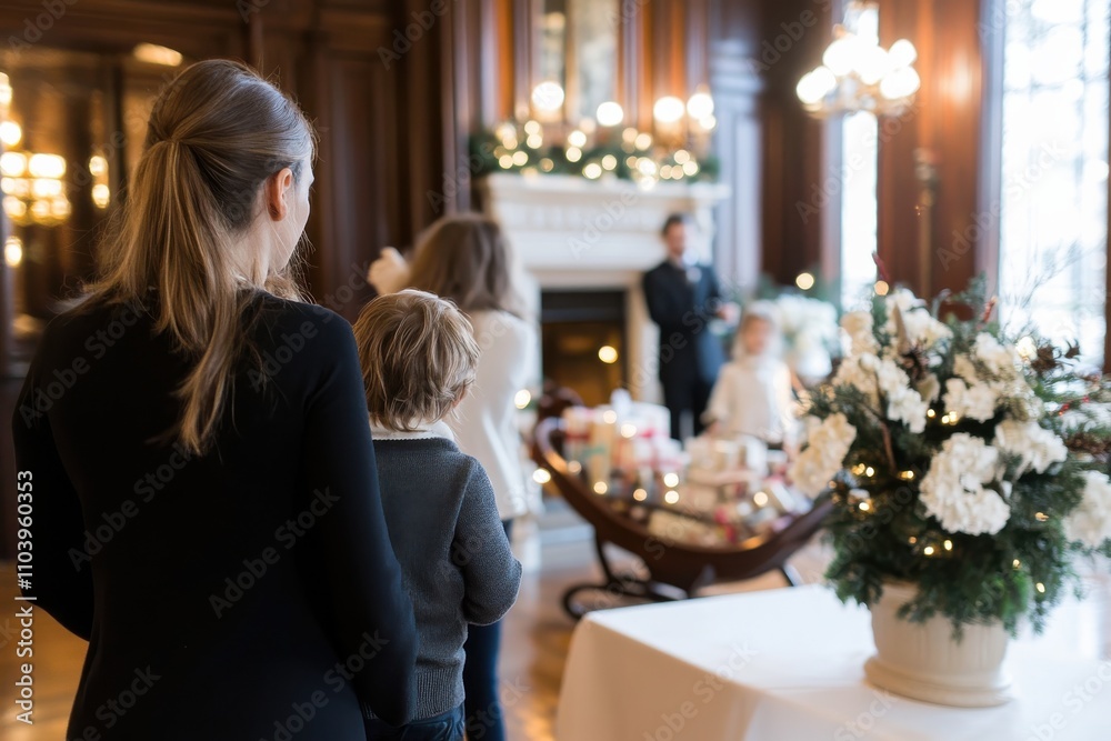In a heartwarming scene, a mother and her child admire beautifully wrapped gifts positioned by a crackling fireplace, radiating joy and holiday spirit during the festive season.