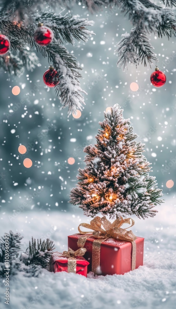 Beautiful christmas tree surrounded by gifts on a snow covered winter wonderland background Beautiful christmas tree surrounded by gifts on a snow covered winter wonderland background