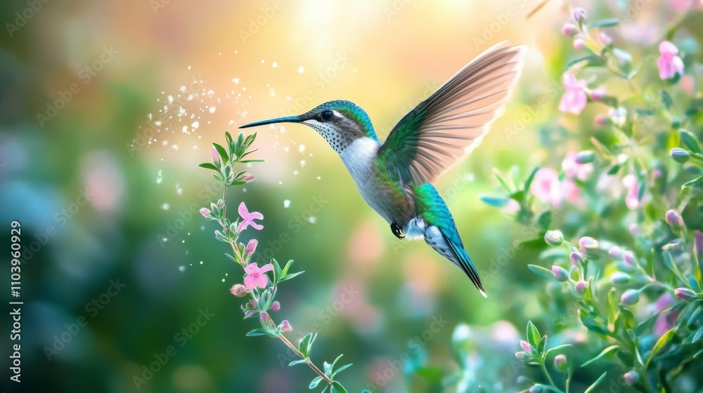 Naklejka premium Hummingbird in Flight Over Pink Flowers